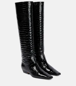 Khaite Patent Leather Crocodile Effect Boots, Black