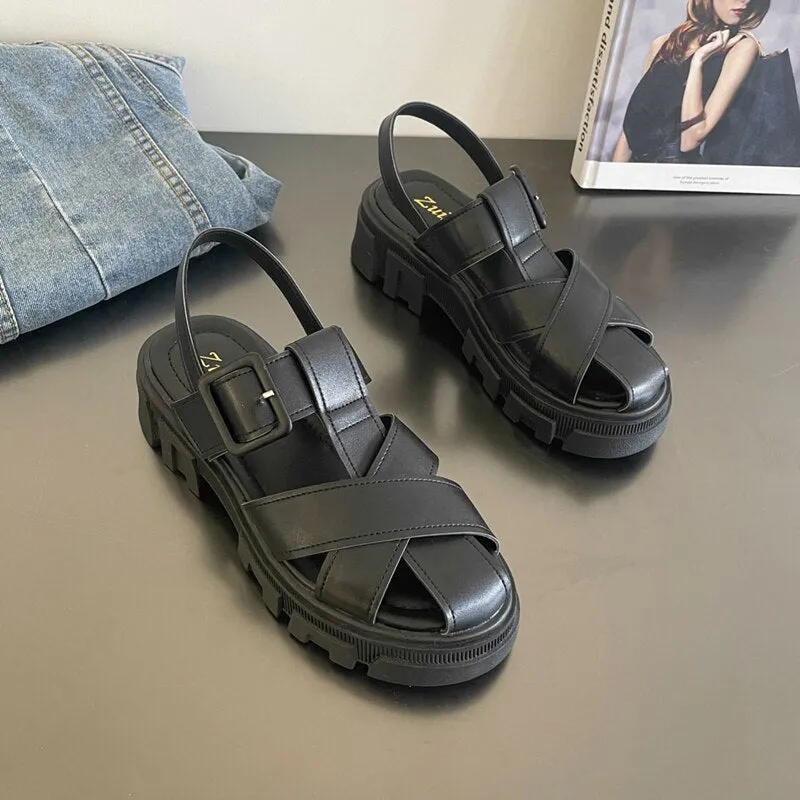 New Women Closed Toe Black White Chunky Sandals Flat Casual Shoes Ladies Outdoor Beach Sports Platform Summer Sandals