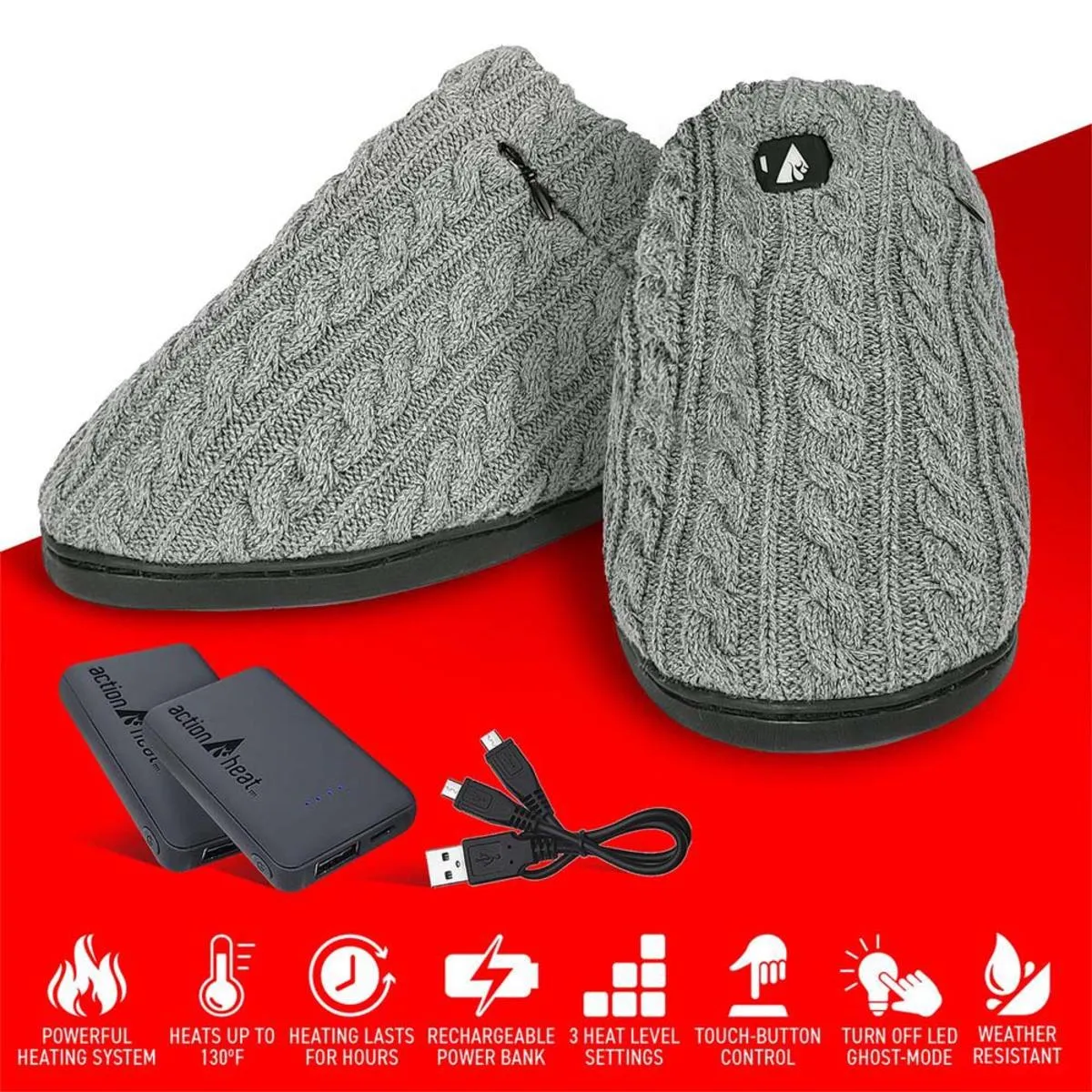 Open Box ActionHeat 5V Battery Heated Cable Knit Slippers